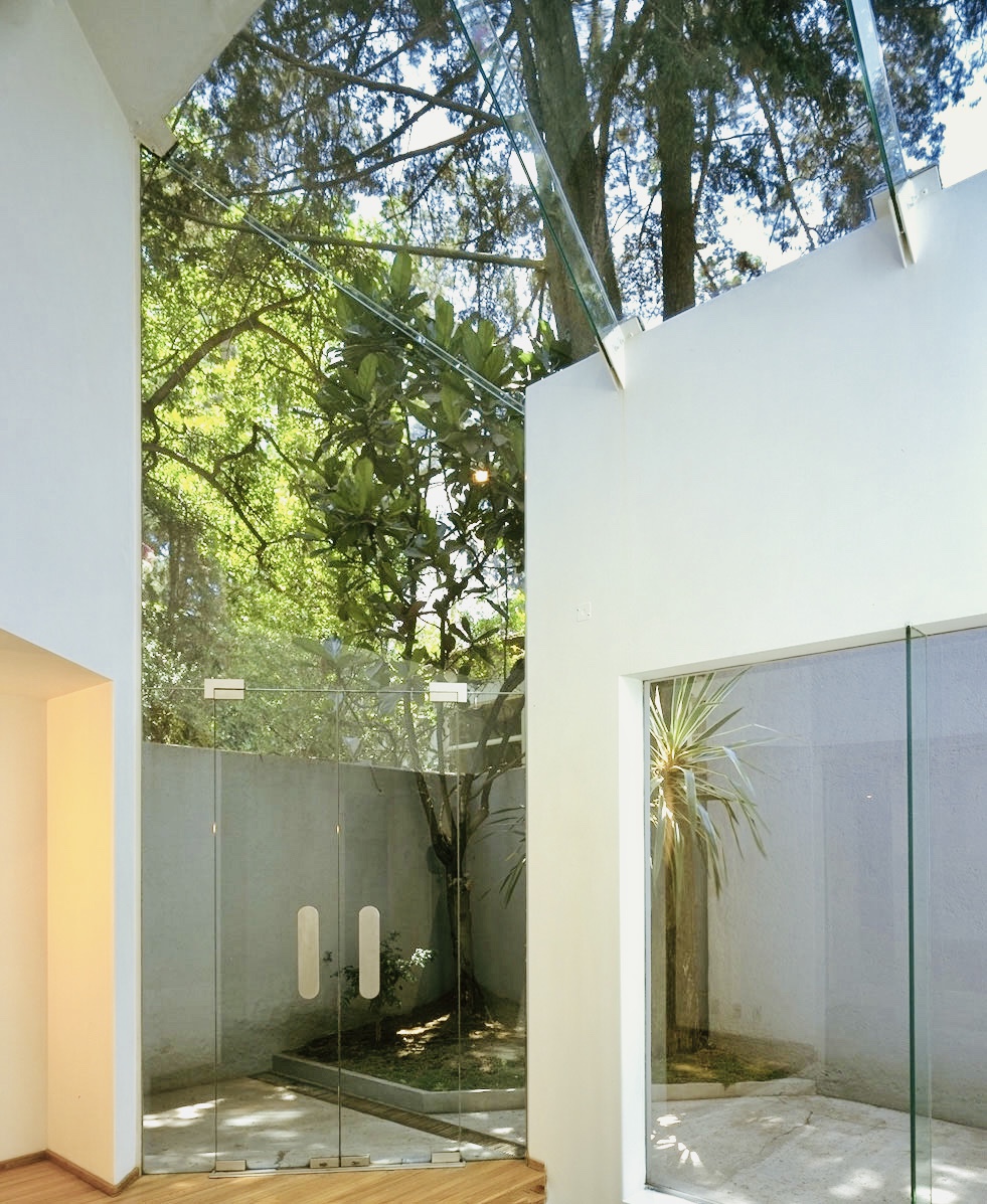 Slanted and mitered glass openingfrom interior. Architecture by Jerry Jacobs Design