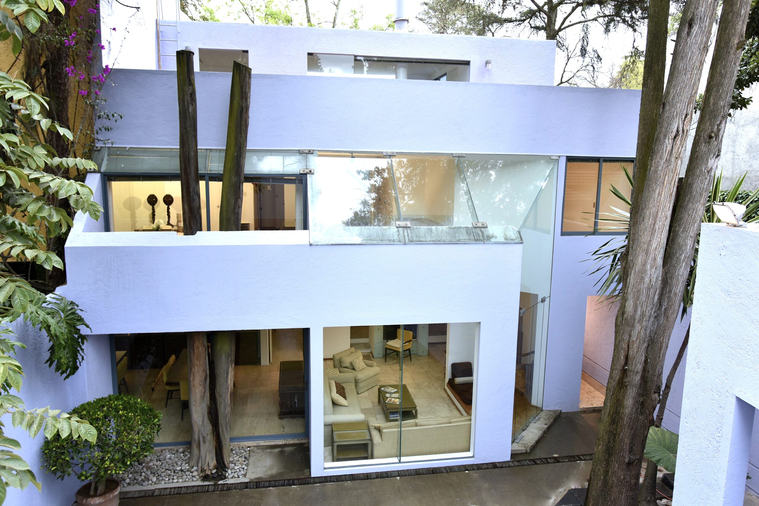 Back elevation. Slanted and mitered glass opening, and deconstructionist tree trunk inside. Architecture by Jerry Jacobs Design