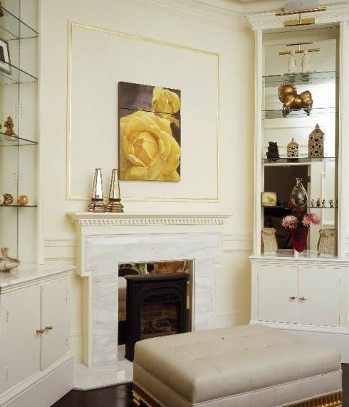Penthouse apartment Interior Design Pacific Height San Francisco by Jerry Jacobs Design©. Living room fireplace, restored cabinetry with mirrored backing.