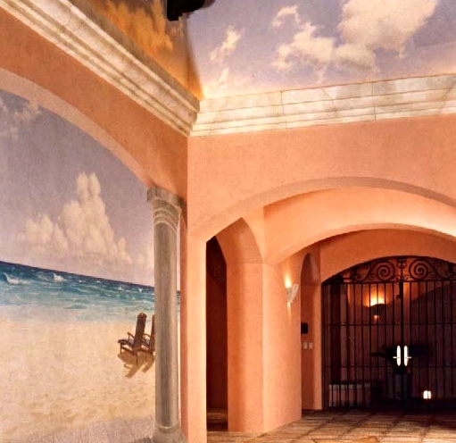 Designed for Reba McEntire in Cancun, this Hacienda style Villa Hallway Mural and trompe l'oeil sky. Architecture and Interior Design by Jarry Jacobs Design ©