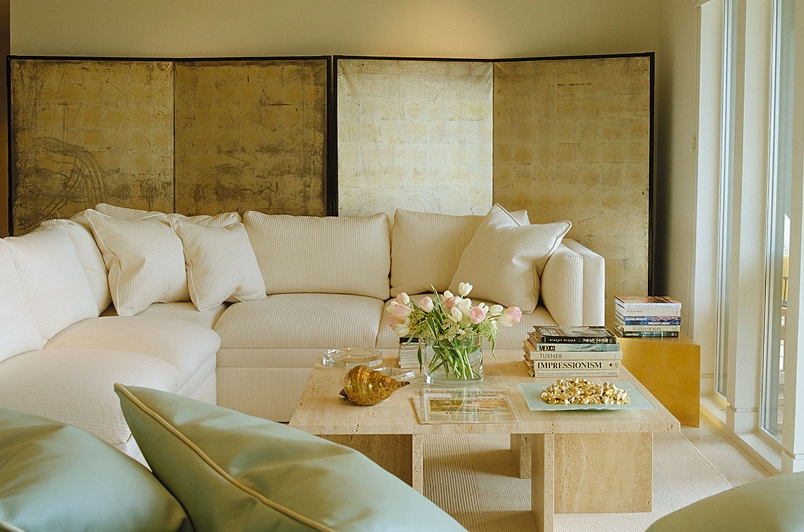 Interior design remodeling Belvedere Tiburon Living area. Interior Design remodeling Belvedere Tiburon View Apartment, remodeling and Interior Design by Jerry Jacobs Design © Living room pair of Japanese screens, Italian travertin table.