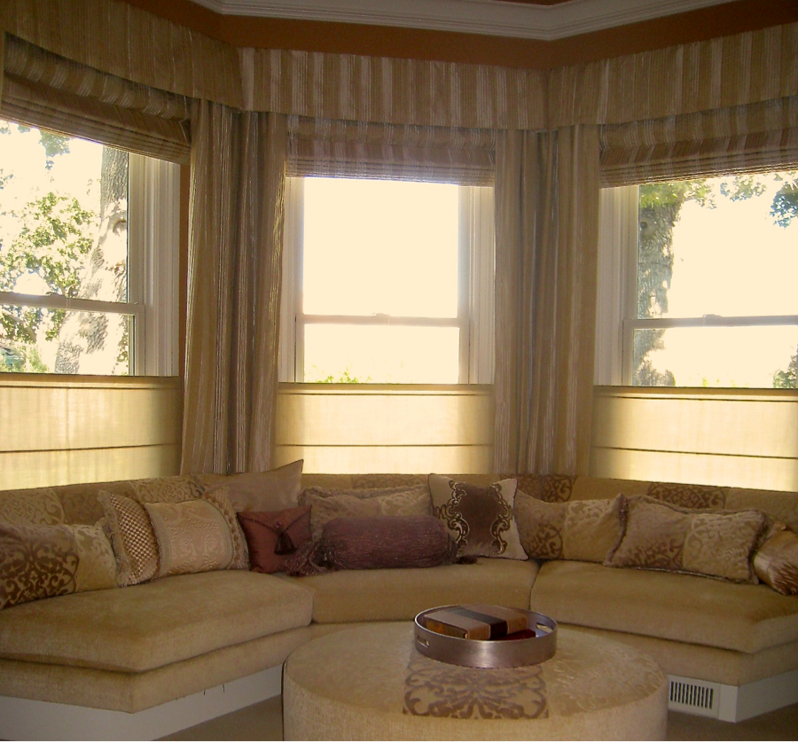Master bedroom sitting area or banquette. The bay window consists of 3 window opening and a door (not shown). Motorized bottom up sheers Â improve privacy and add sun protection, while they provide a view of Mount Diablo, garden and pool. Heating duct diverted and feed through the new baseboard below the seat.