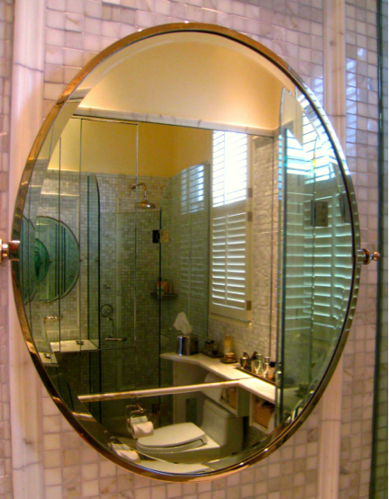 Penthouse apartment Interior Design Pacific Height San Francisco by Jerry Jacobs Design©. Guest full bathroom, mosaic walls, mirrored corner shower to code. Scheval elliptical mirror.