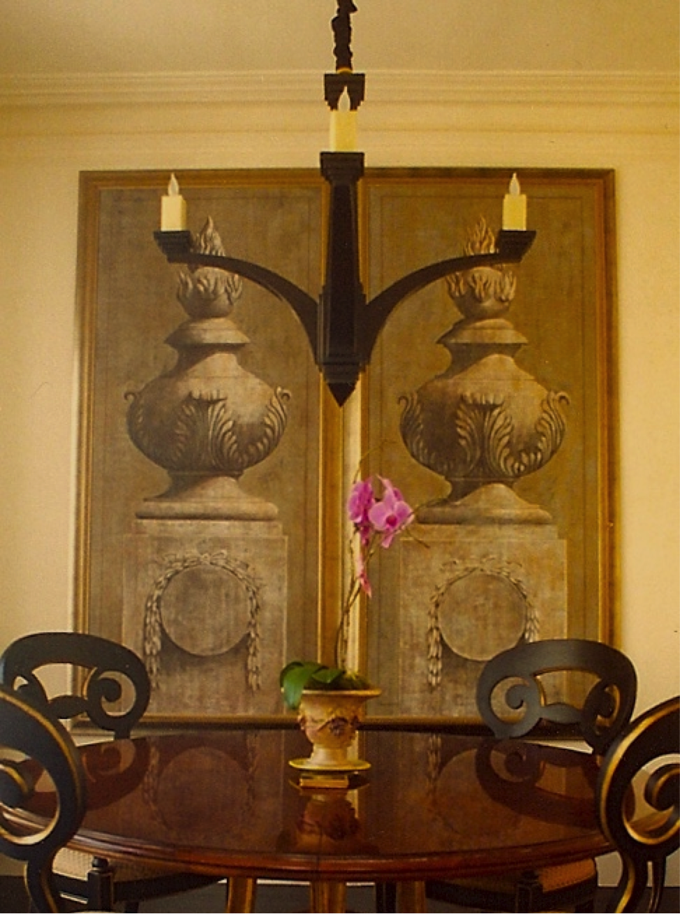 Penthouse apartment Interior Design Pacific Height San Francisco by Jerry Jacobs Design©. Dining room shows pair of Italian Theater Panels.