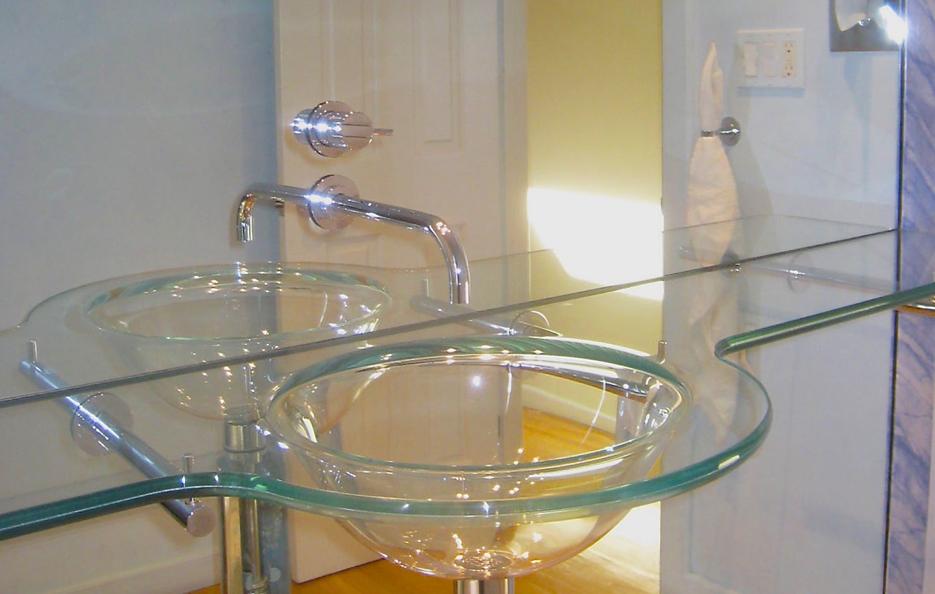 Bathroom Design San Francisco Belvedere Tiburon, CA guest bath with glass top and integrated glass sink, Wall mounted on mirror Vola faucet. By Jerry Jacobs Design ©