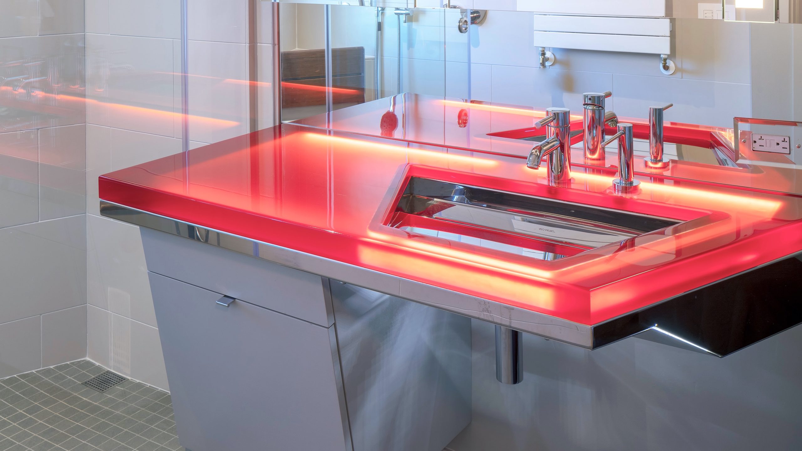 Bathroom Design San Francisco. Jerry Jacobs Design. Red resin suspended vanity.