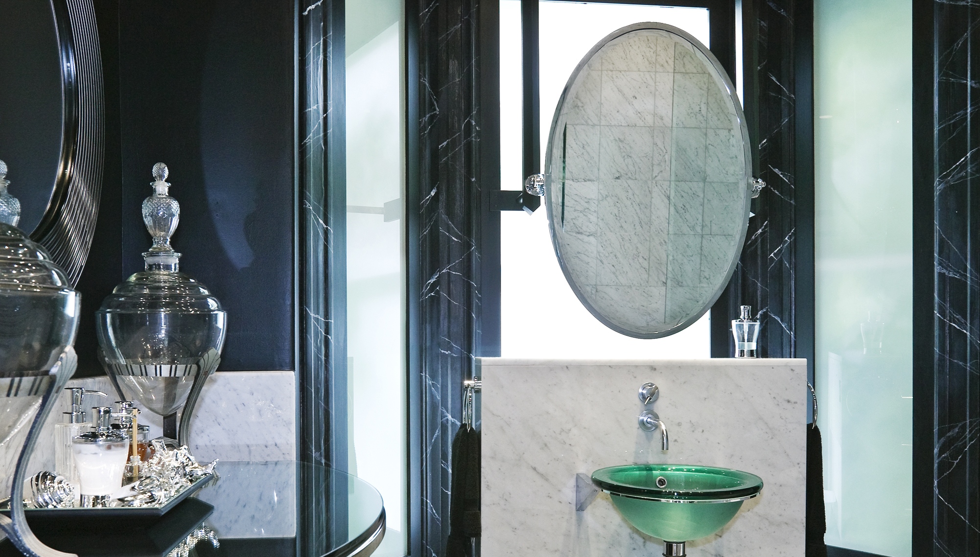 Bathroom Design San Francisco Buena Vista Park, SF, CA guest bathwith suspended Elliptical scheval mirror. Wall mounted Vola faucet. By Jerry Jacobs Design ©