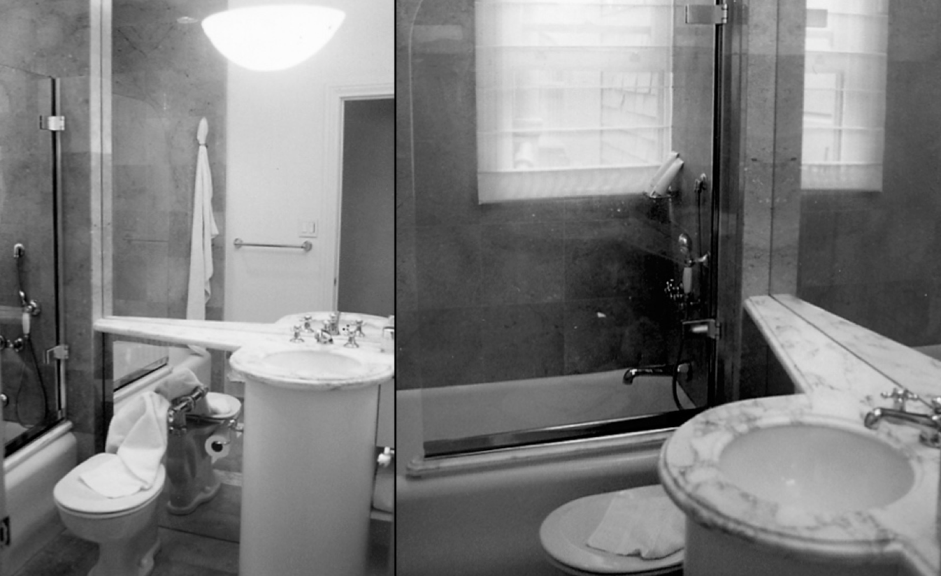 Bathroom Design San Francisco Presidio Heights mini bath, banjo topand raised swing screen. By Jerry Jacobs Design ©