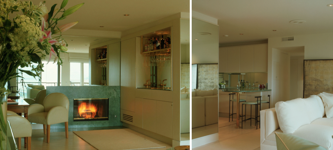Belvedere Tiburon View Apartment, remodeling and Interior Design by Jerry Jacobs Design © left shows office with fireplace, wet bar and mirrored back wall. right shows kitchen and seating. Belvedere Tiburon View Apartment, remodeling and Interior Design by Jerry Jacobs Design © left shows office with fireplace, wet bar and mirrored back wall. right shows kitchen and seating.