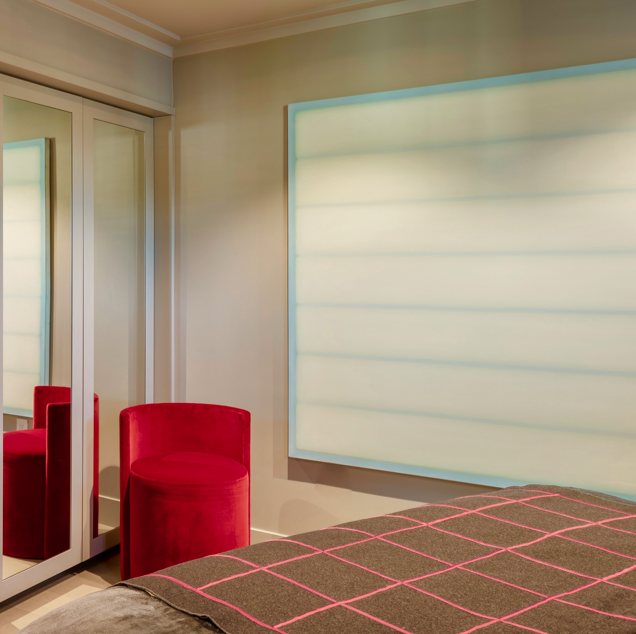 Art Home Interior Design. Painting by Tom Bolles. At Belvedere Tiburon waterfront apartment. Bedroom. Interior Design by Jerry Jacobs Design ©