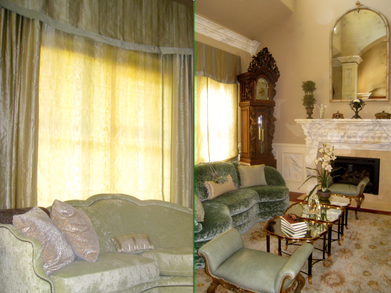 Alamo Residential Interior Design. Family room detail on left, Living room on right. Green was used in the fabrics for window coverings, sofas and rug. Living room on the right. The Mirror and the benches, are antiques which we brought in, not part of his collection before, the clock of course was part of his collection. They were partly chosen for color. On the left, family room window and loveseat, all green or Sage.