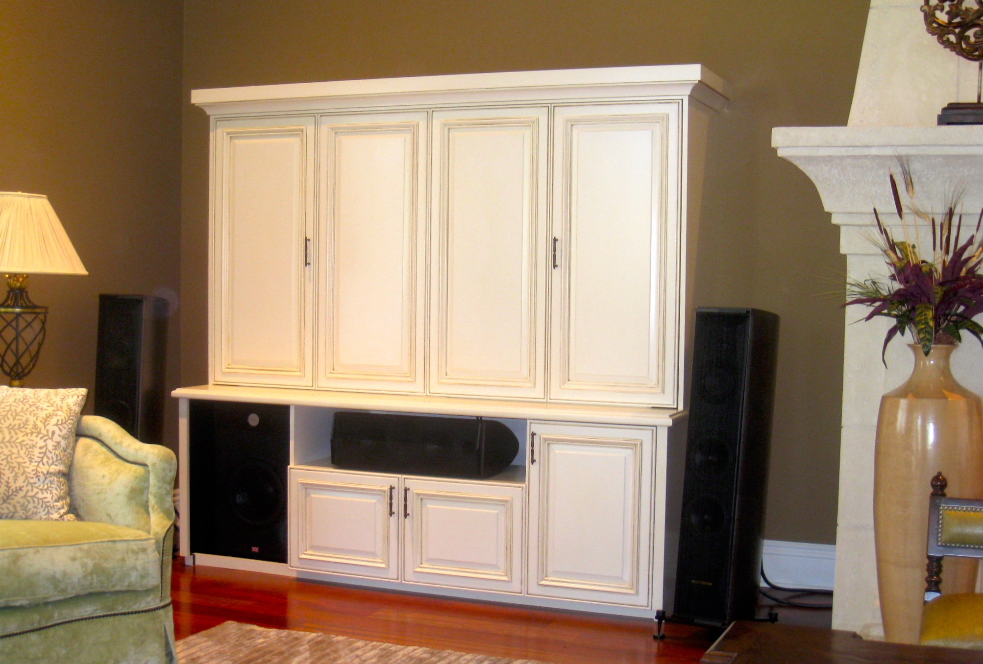 Alamo Residential Interior Design. Family room detail of TV and sound system custom cabinet to match Kitchen.