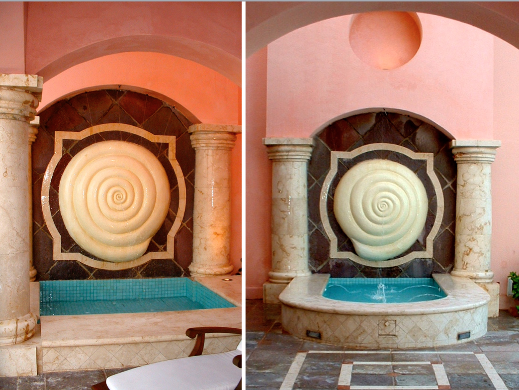 Pair of custom wall fountaines by Jerry Jacobs Design © they resemble a local shell. At Reba McEntires home on the beach. I call them the Tits.