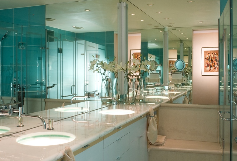 Contemporary Bathroom Designs by Jerry Jacobs Design ©.Main bathroom glass backlit sinks, wall mounted faucets limesotne bench at Polanco apartment Mexico City