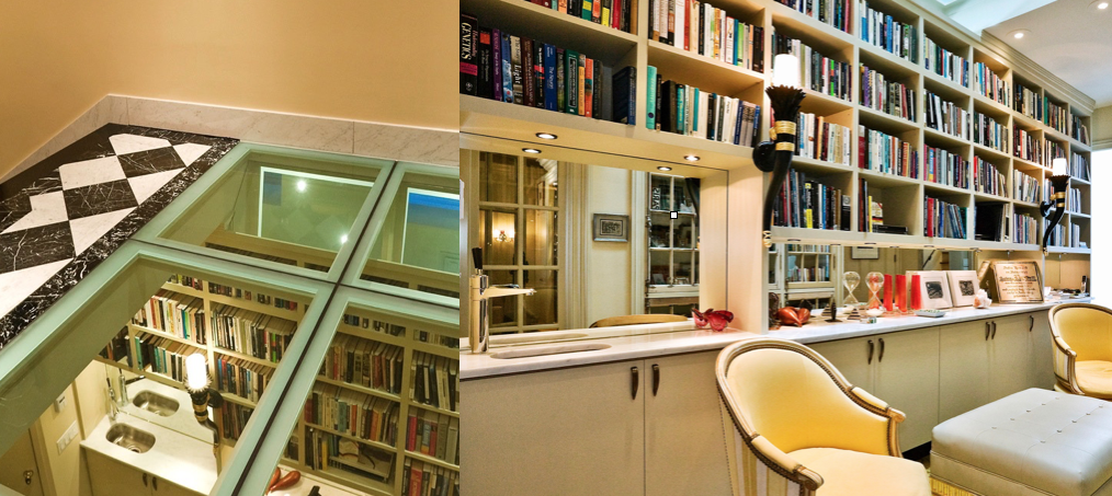 Custom home Libraries Display walls. A custom JerryJacobsDesign © library wall at Buena Vista Park Deco, San Francisco, CA. Upper landingglass floor on left and Wet Bar and seating on right.