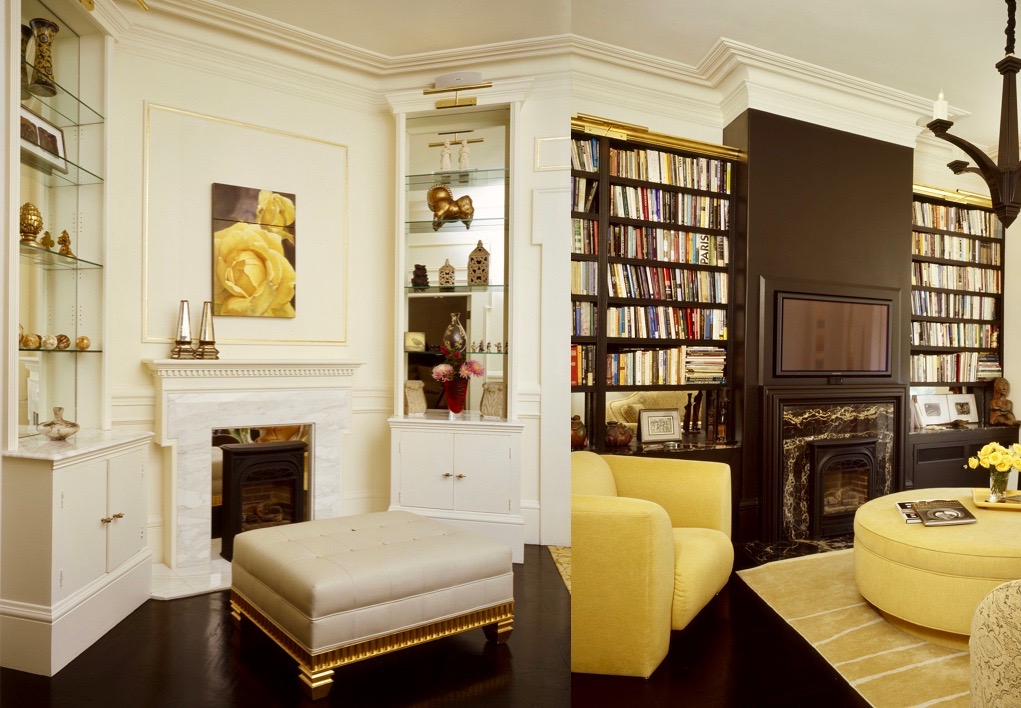 Custom home Libraries Display walls. A custom JerryJacobsDesign © library and display cases, Paris in San Francisco. Pacific Heights, San Francisco Bay. Black and White wall cabinets restored and modified and salvaged.