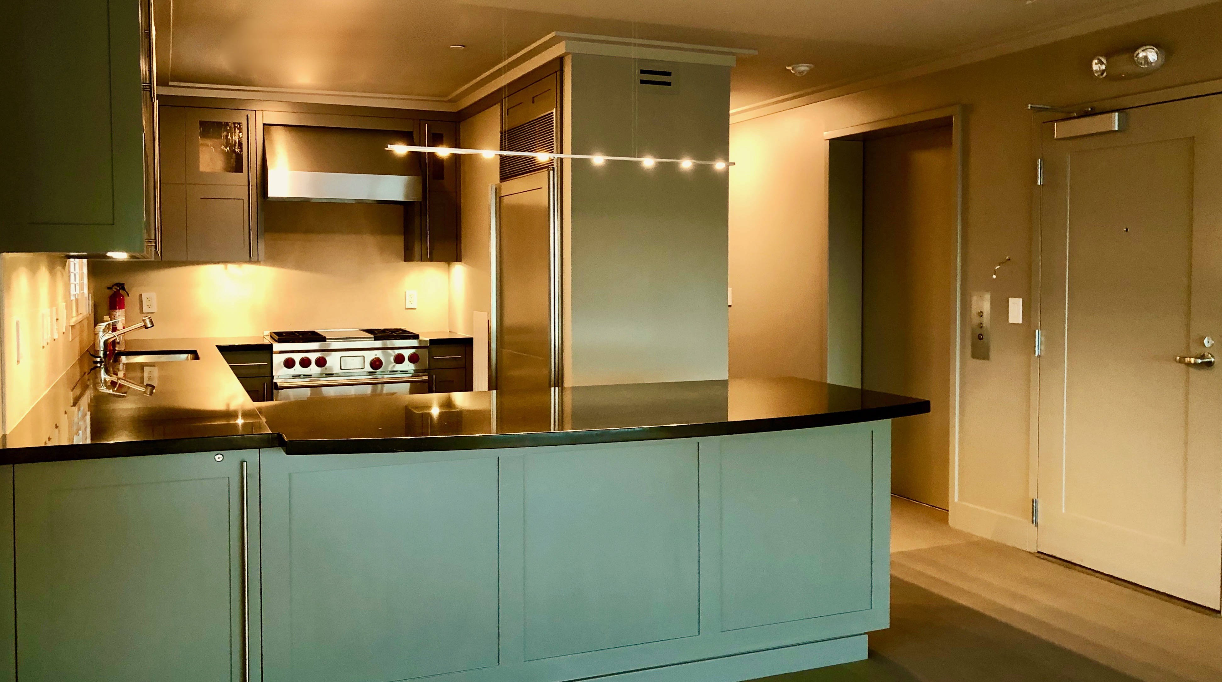Downsizing Tiburon Waterfront Condo. Restore Gray Kitchen, by Jerry Jacobs Design ©