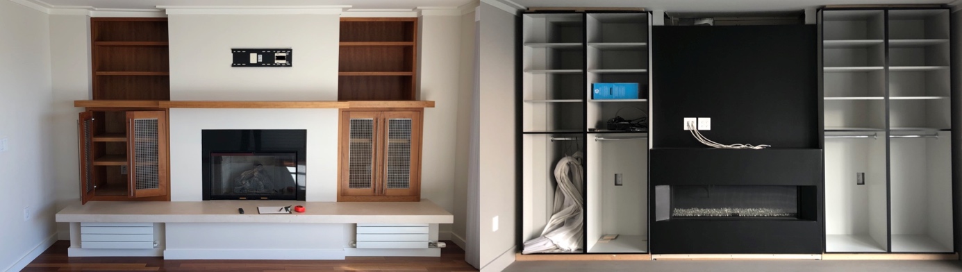 Downsizing Tiburon Waterfront Condo. Black Built in wall cabinetry with Fireplace and TV, before and after by Jerry Jacobs Design ©