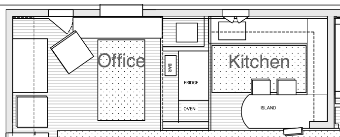 Luxury Kitchen Design San Francisco Bay. Small open kitchen for a 1 bedroom condo. Floor plan, wet bar behind refrigerator. Jerry Jacobs Design ©