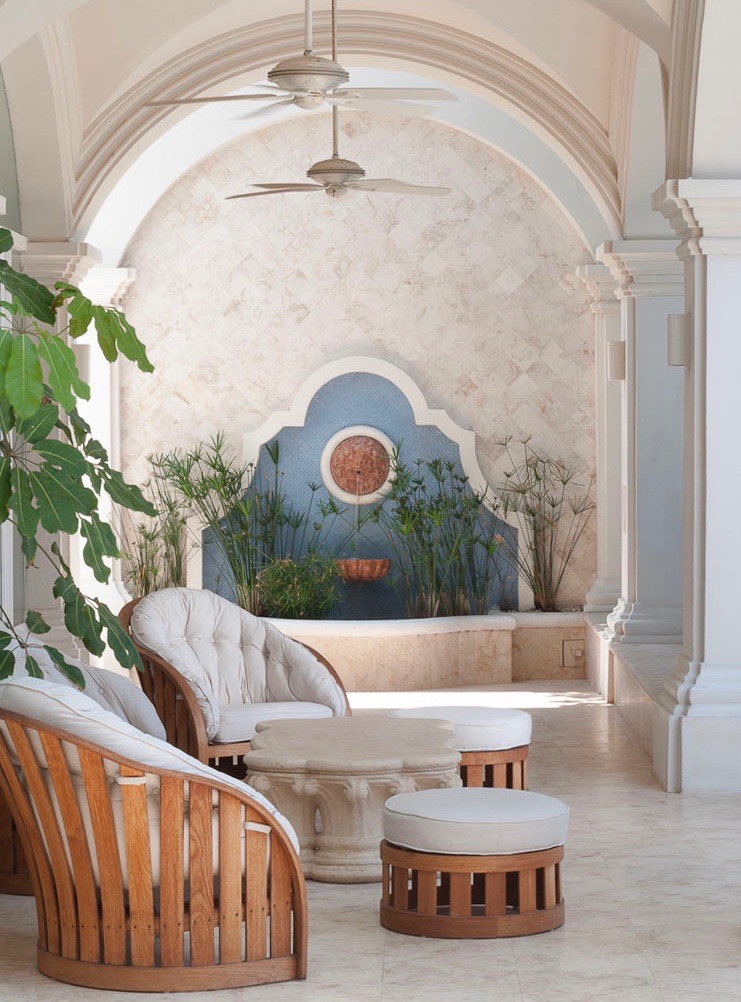 Tropical Style Interiors by Jerry Jacobs Design © Loggia with fountain and seating