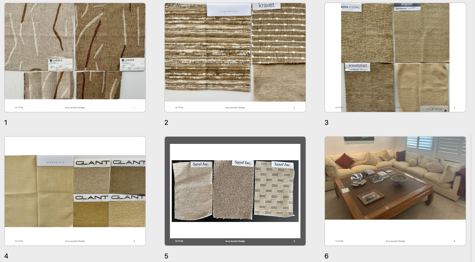 Fabric Options board for the Family Room sectional sofa at Villa on the Beach 2025