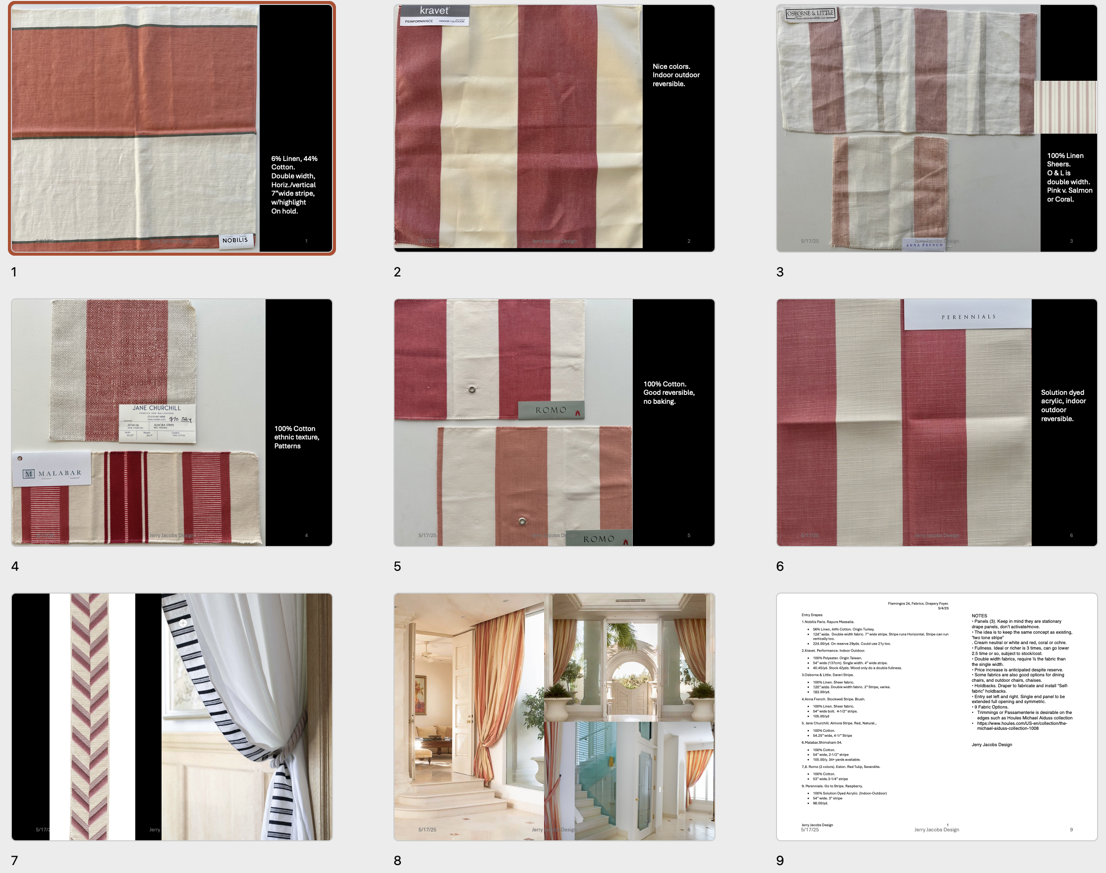 Fabric Options board for the Foyer Drape Panels at Villa on the Beach 2025
