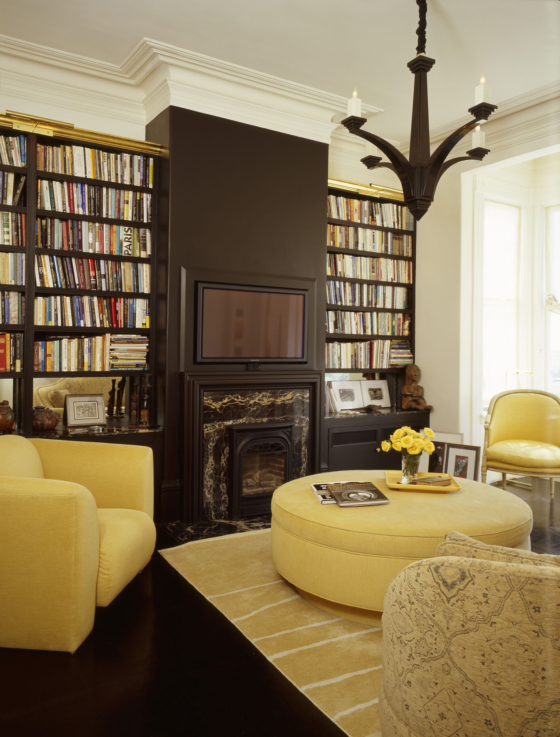 Interior Design San Francisco Penthouses.Study Black wall, floor and pendant. Yeloow Upholstery at Sacramento St., Pacific Heights, San Francisco by Jerry Jacobs Design©