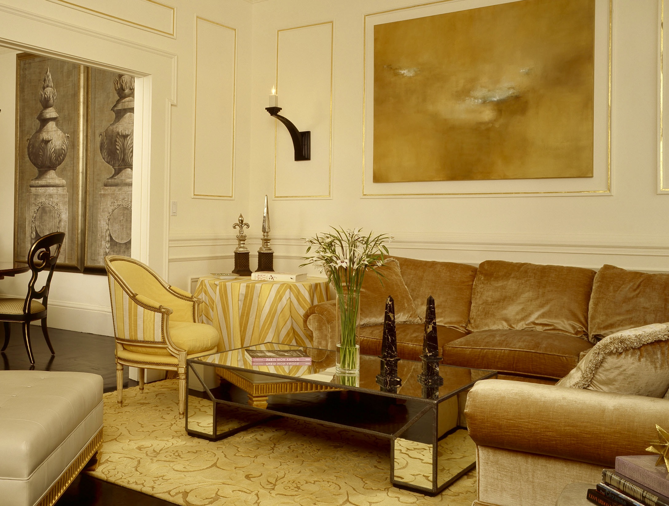 Luxury Interior Designer. Paris in San Francisco. Living room with yellow fabrics, rug and Art.. Interior Design by Jerry Jacobs Design ©
