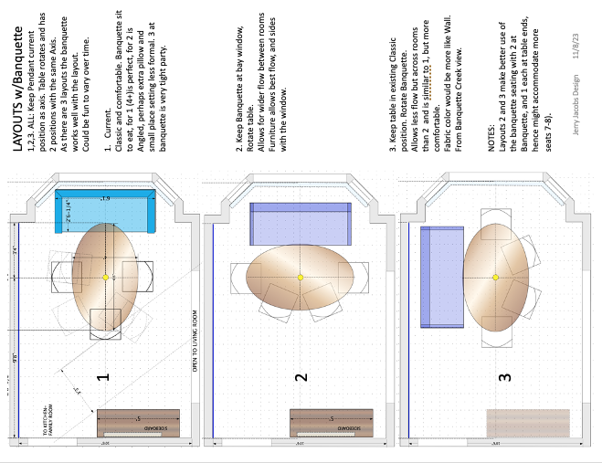 Larkspur, California home floor plan of Dining room with 3 different layouts. Furnished by Jerry Jacobs Design ©