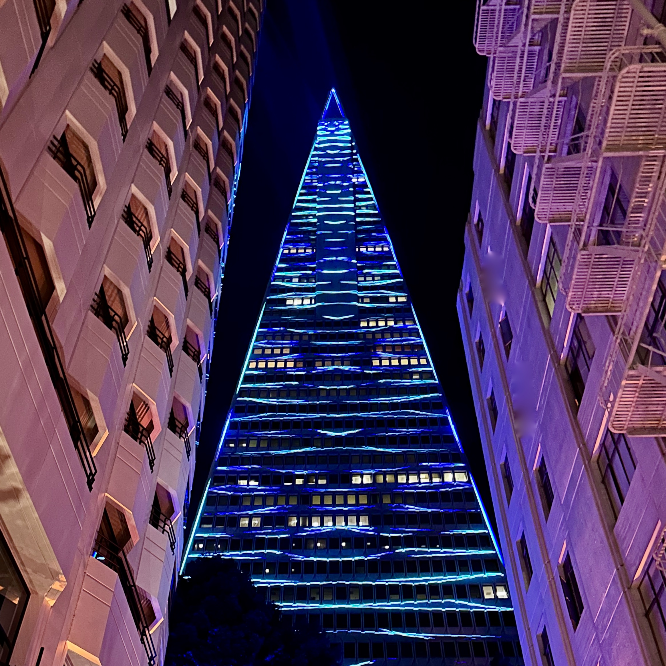 San Francisco's Transamerica Pyramid highlighted with a lasser show on 9/12/24