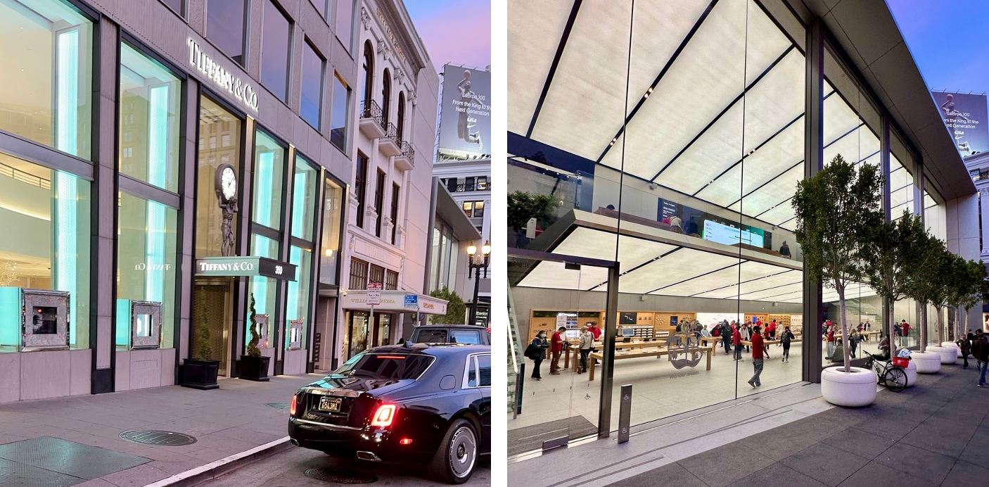 The Square. Union Square San Francisco 2023 Stores. From left, Tiffanys, Apple. In between not shown Williams Sonoma.