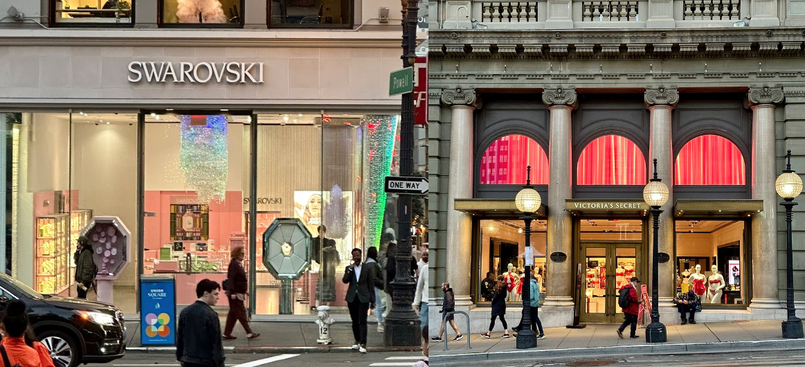 The Square. Union Square San Francisco 2023 Stores. From lleft Swarovski formerly Aca Joe (Facade by Jerry Jacobs Design©); Victoria Secret.