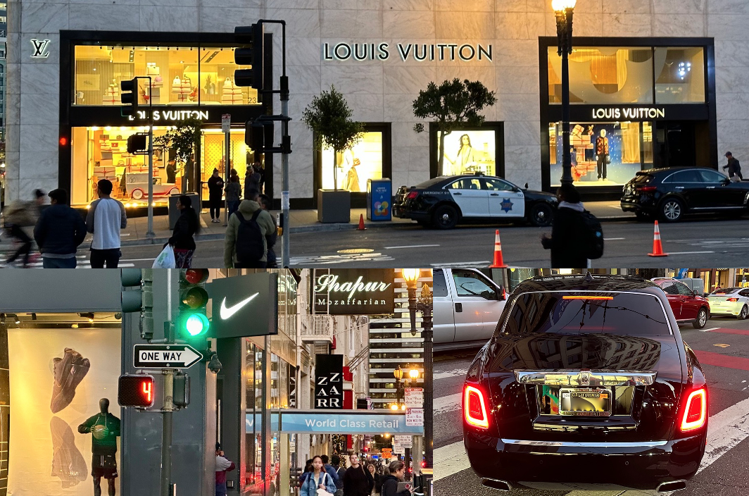 The Square. Union Square San Francisco 2023 Stores. Top Louis Vuitton, below Nike, and the Rolls Royce