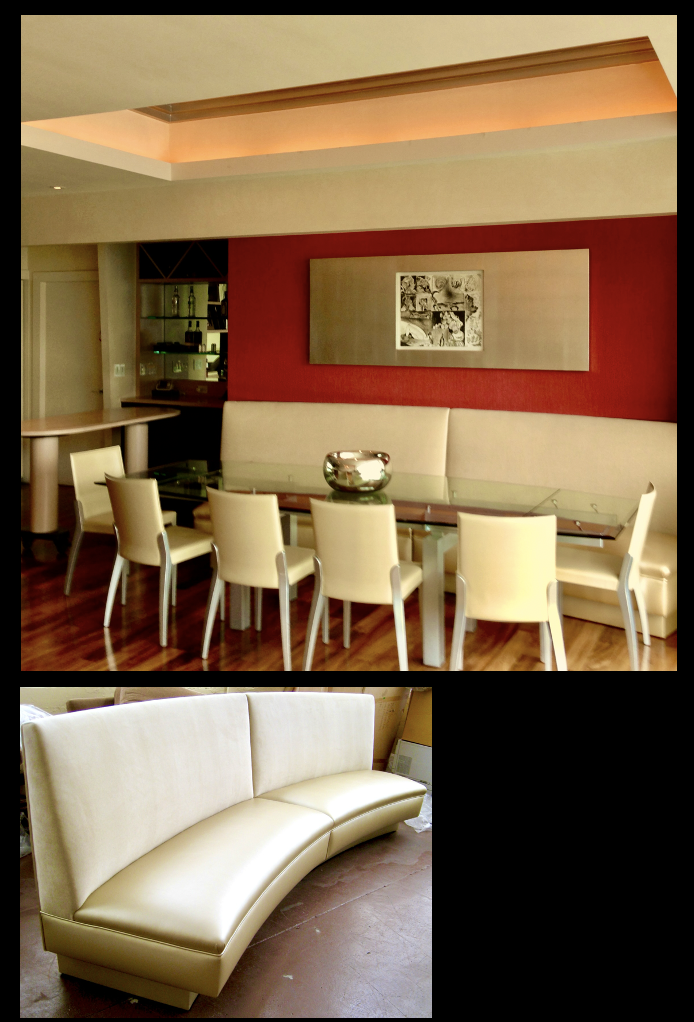 Interior Designer Dining Rooms. Bowed glass top table with extensions, bowed booth.