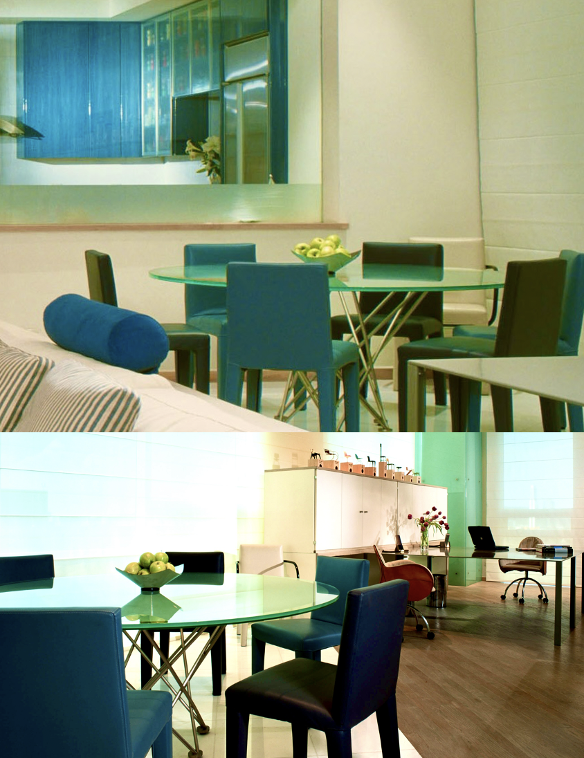 Interior Designer Dining Rooms. Torre del Campestre, open dining area, studio desks on the right.