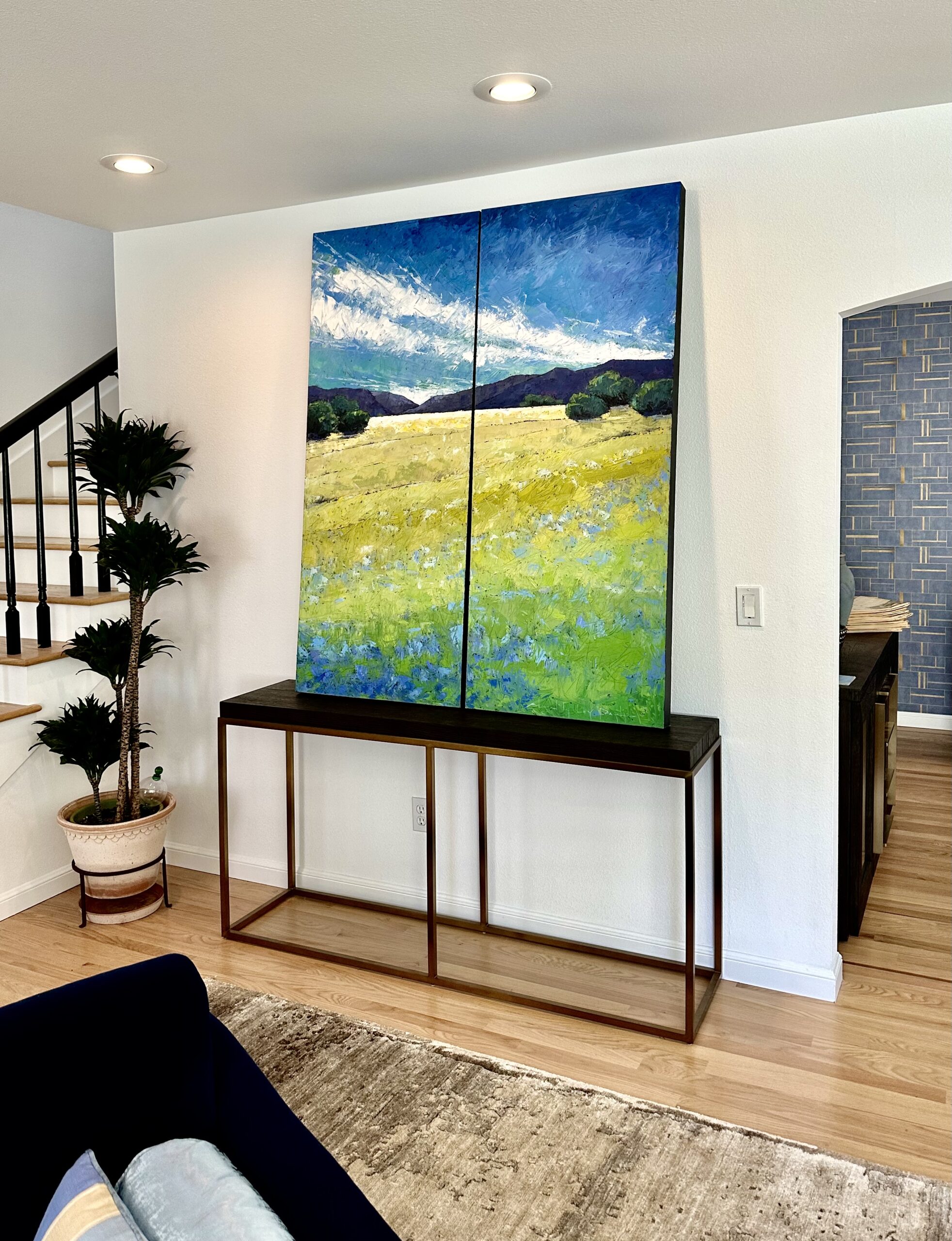 Radiance a Diptych by AlisonHaley Paul. Recined over the entrance console. At Larkspur, California, Home Interior Design.