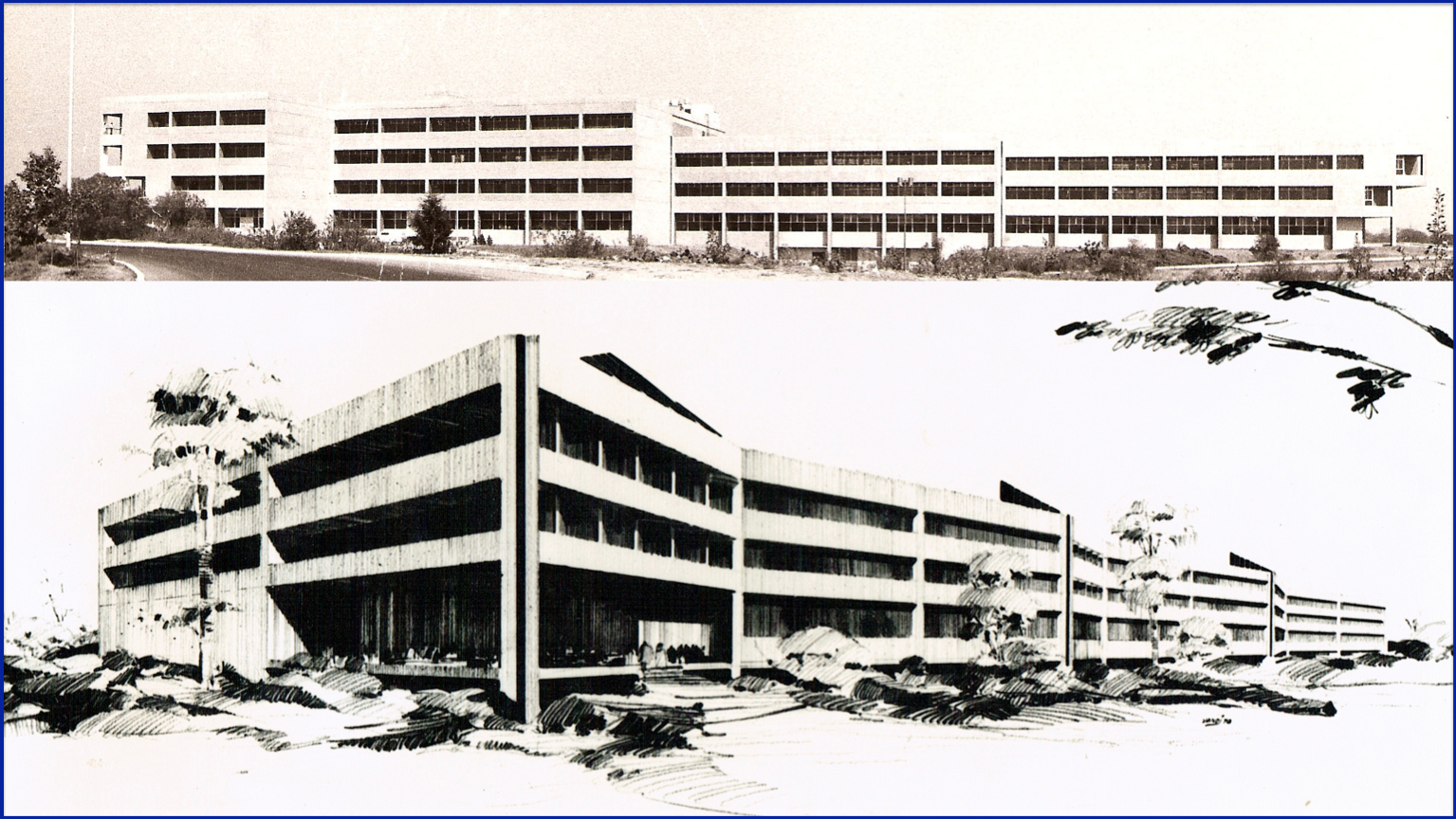 A black and white photo of an old parking garage.