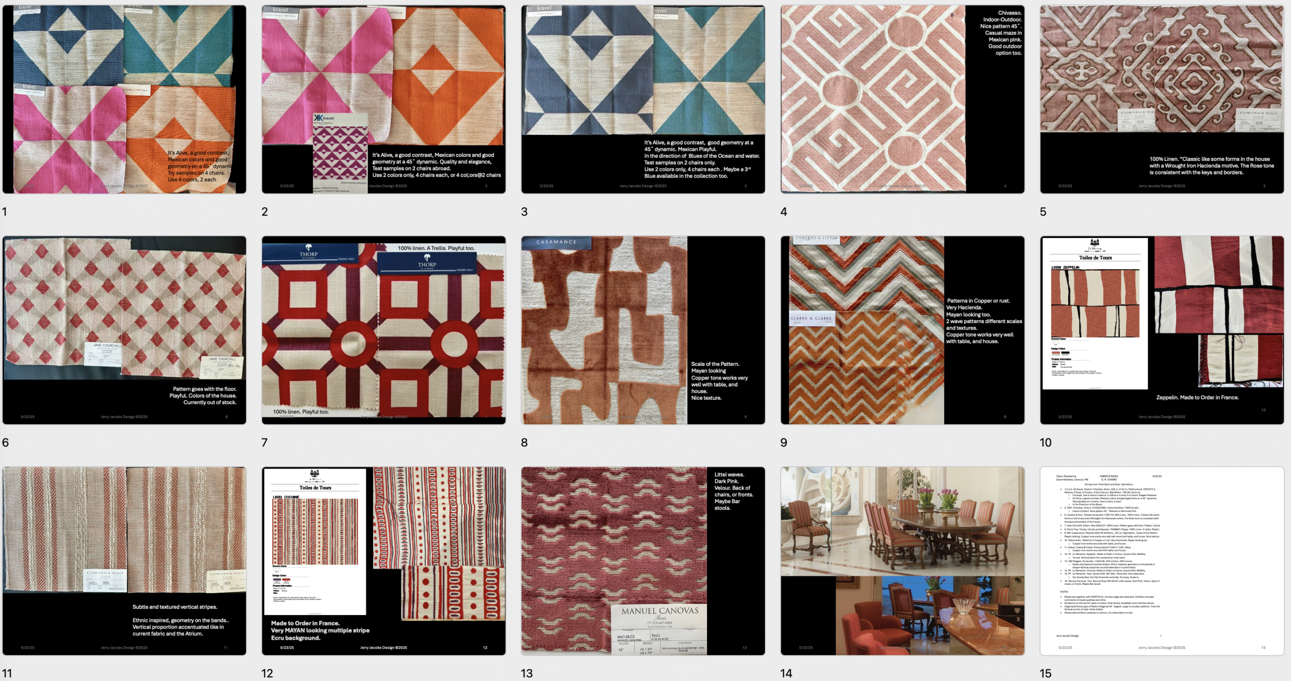 Fabric Options board for the dining chair fronts at Villa on the Beach 2025