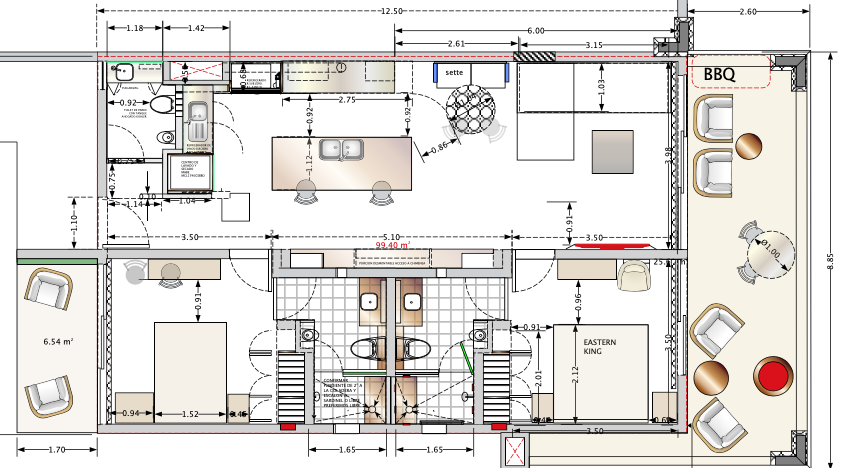 A floor plan of a kitchen with two different floors.
